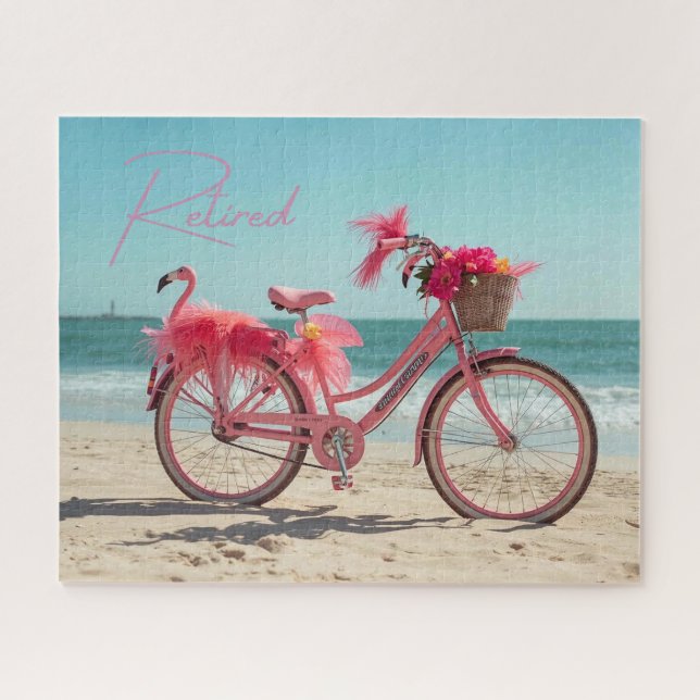 Quebra-cabeça Bicicleta Rosa de Flamingo Fofo Aposentada na Prai (Horizontal)