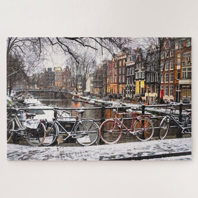Quebra-cabeça Bicicletas na neve em Amsterdã (Horizontal)