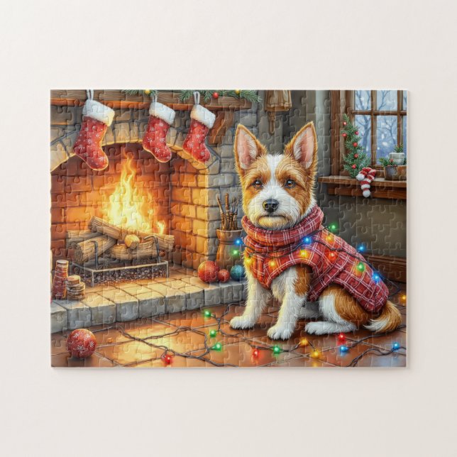 Quebra-cabeça Biewer Terrier Fireplace with Christmas Lights (Horizontal)