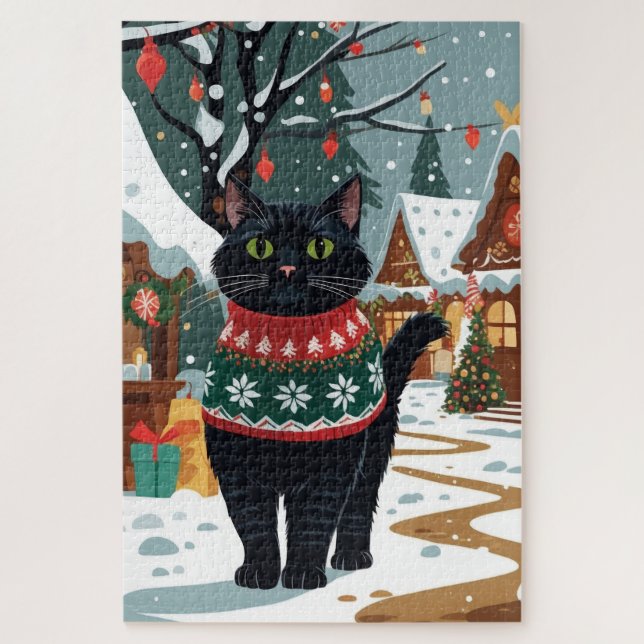 Quebra-cabeça Black Cat Christmas Snow Holiday (Vertical)