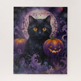 Quebra-cabeça Black Cat e Halloween Pumpkins na Lua