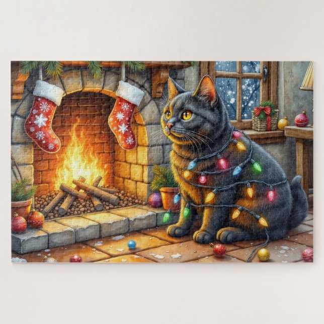 Quebra-cabeça Black Cat Sitting Fireplace with Christmas Lights (Horizontal)
