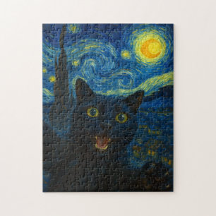 Quebra-cabeça Black Cat Starry Night Van Gogh Cat Selfie