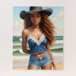 Quebra-cabeça Black Cowgirl Copper Hair Beach