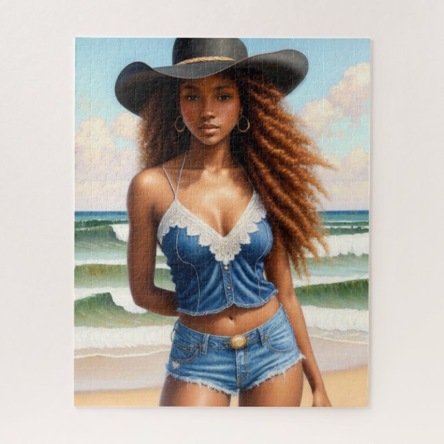 Quebra-cabeça Black Cowgirl Copper Hair Beach (Vertical)