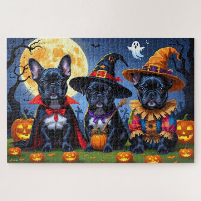 Quebra-cabeça Black French Buldog Pumpkin Halloween Engraçado (Horizontal)