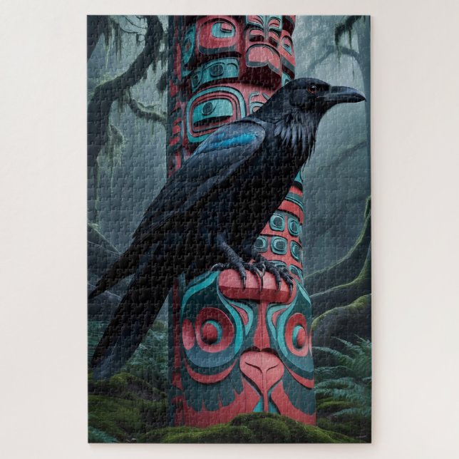 Quebra-cabeça Black Raven e Totem Pole Wildlife Art (Vertical)