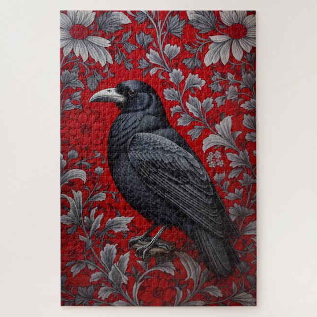 Quebra-cabeça Black Raven Red Floral William Morris Inspired (Vertical)