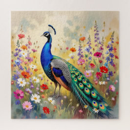Quebra-cabeça Blue and Turquoise Peacock in Flowers