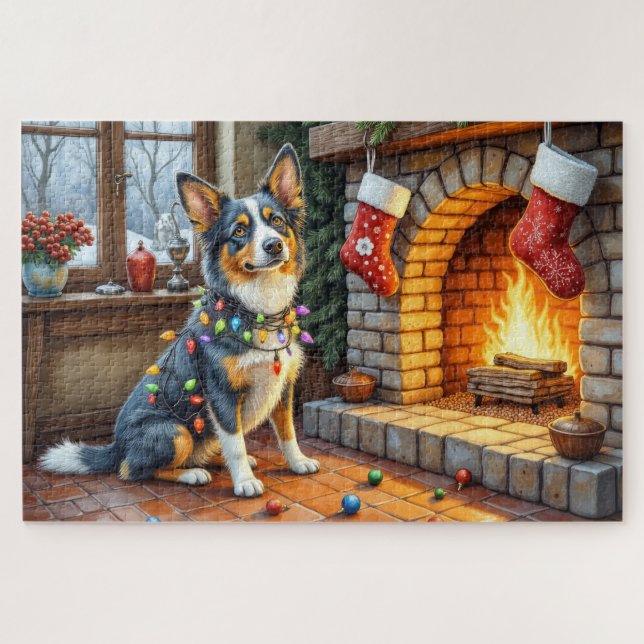 Quebra-cabeça Blue Heeler Fireplace with Christmas Lights (Horizontal)