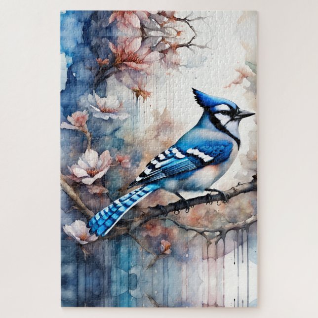 Quebra-cabeça Blue Jay Cherry Blossoms aquarela (Vertical)