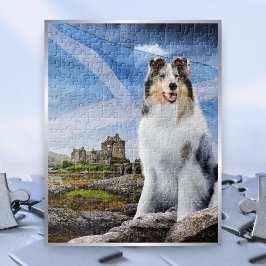 Quebra-cabeça Blue Merle Collie, Eilean Donan e Scotland Flag -