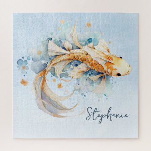 Quebra-cabeça Blue Watercolor Dourado Peixe Koi Personalizado