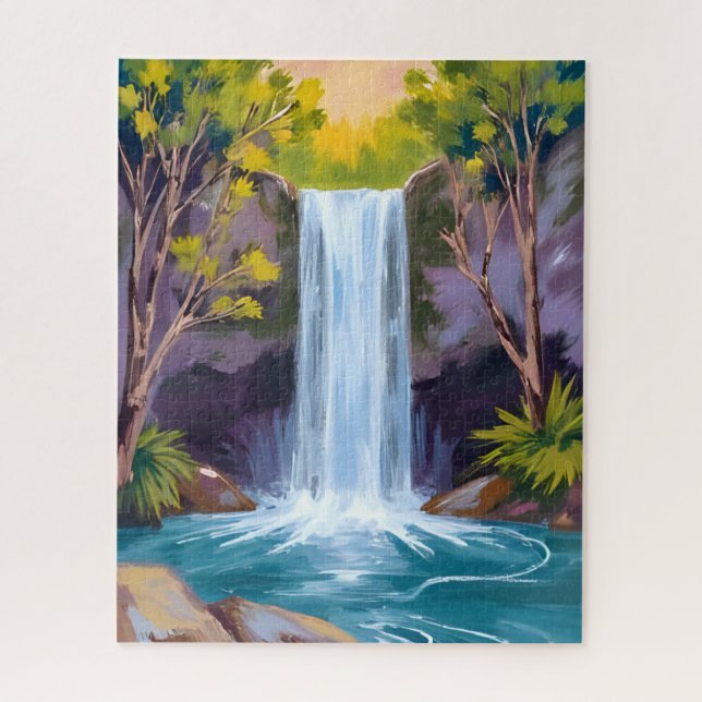 Quebra-cabeça Blue Waterfall | Forest Landscape Nature Painting (Vertical)
