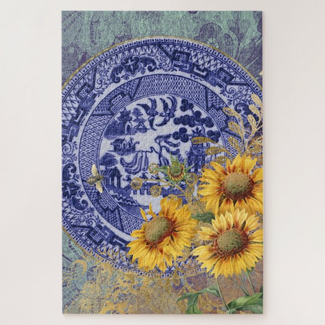 Quebra-cabeça Blue Willow China Plate e Sunflower Design (Vertical)