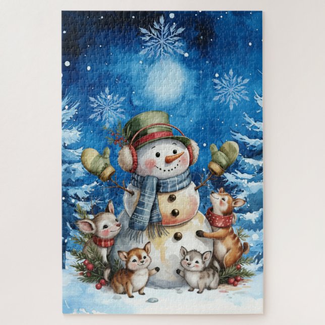 Quebra-cabeça Blue Winter Christmas Snowman & Woodland Animals (Vertical)