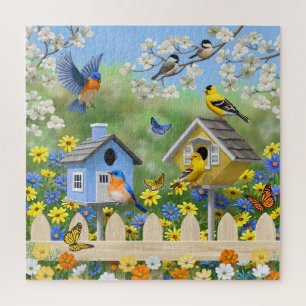 Quebra-cabeça Bluebird Goldfinches Birdhouses Flor Garden