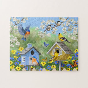 Quebra-cabeça Bluebird Goldfinches Birdhouses Flor Garden