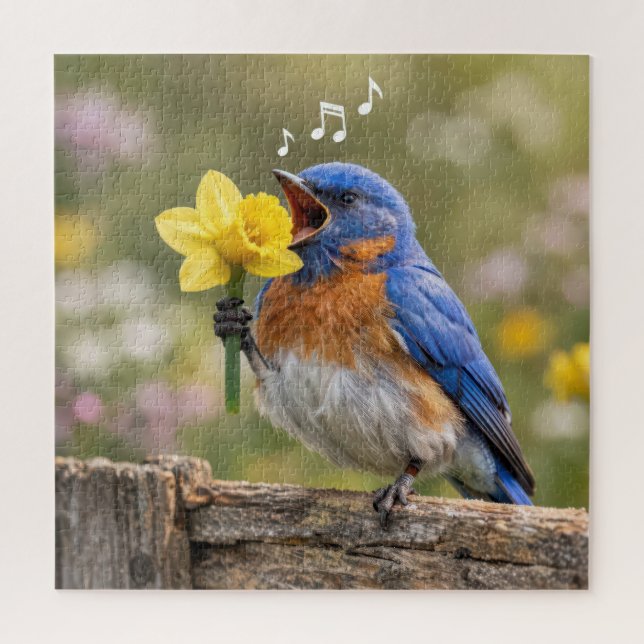 Quebra-cabeça Bluebird Singing Into a Yellow Daffodil (Vertical)