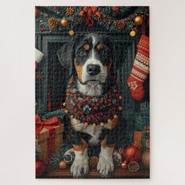 Quebra-cabeça Bluetick Coonhound com Presentes de Natal Lareira (Vertical)