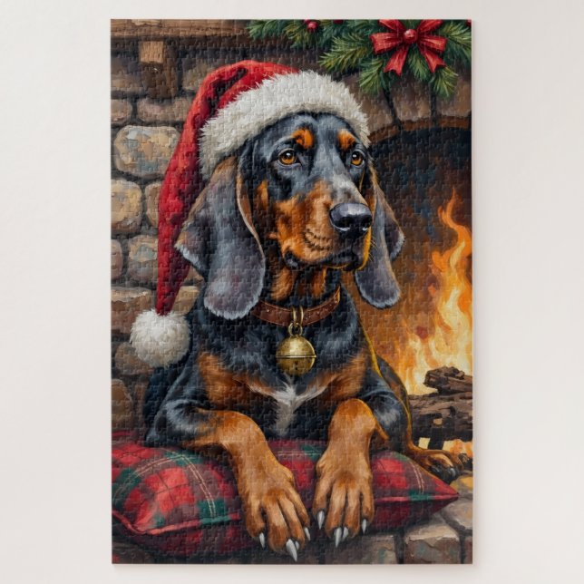 Quebra-cabeça Bluetick Coonhound Dog Cozy Lodge Christmas (Vertical)