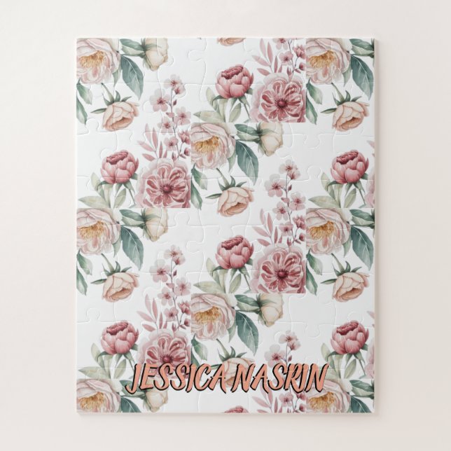 Quebra-cabeça Blush Navy Blue Soft Pastel Pink Floral (Vertical)