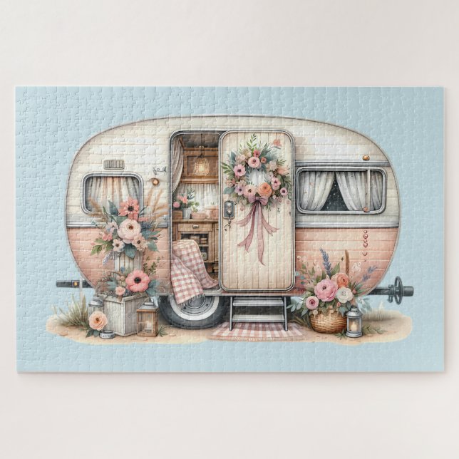 Quebra-cabeça Boho Camper com Floral Wreath & Pastels Rosa (Horizontal)