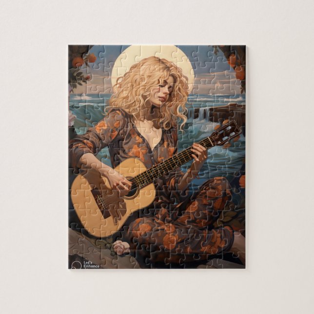 Quebra-cabeça Boho Girl toca violão à noite (Vertical)