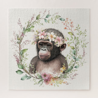 Quebra-cabeça Boho Monkey na Praça Wreath de Flores Selvagens