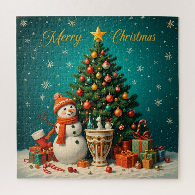 Quebra-cabeça Boneco de Neve Festivo e Árvore de Natal com Prese (Vertical)