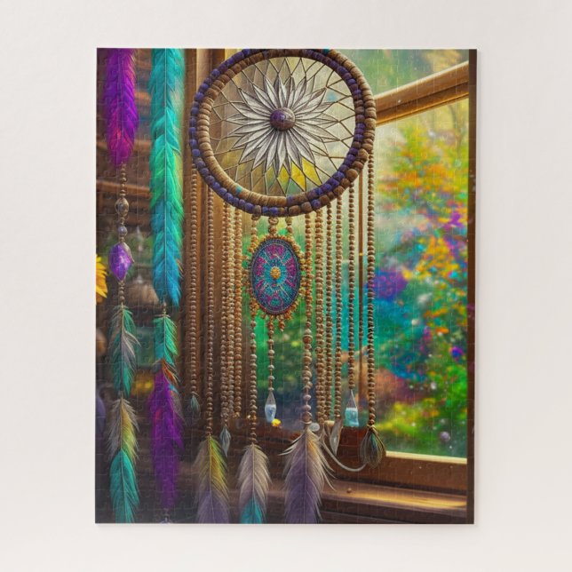 Quebra-cabeça Bonito Dreamcatcher no Boho Roxo da Janela (Vertical)