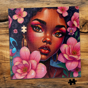Quebra-cabeça Bonito Mulher de Cor com Flores Rosa