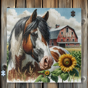 Quebra-cabeça Bonito Pinto Brown e Cavalo Branco na Fazenda russ