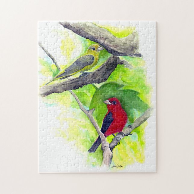 Quebra-cabeça Bonito pintura de Casal de Scarlet Tanagers (Vertical)