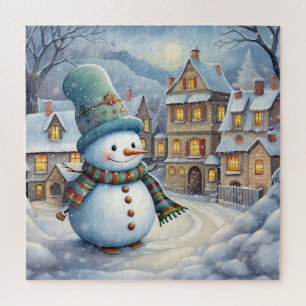 Quebra-cabeça Bonito Snowman na aldeia
