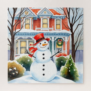 Quebra-cabeça Bonito Snowman no Subúrbio no Natal