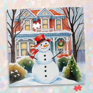 Quebra-cabeça Bonito Snowman no Subúrbio no Natal