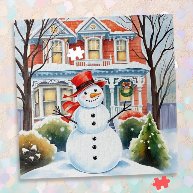Quebra-cabeça Bonito Snowman no Subúrbio no Natal (Criador carregado)