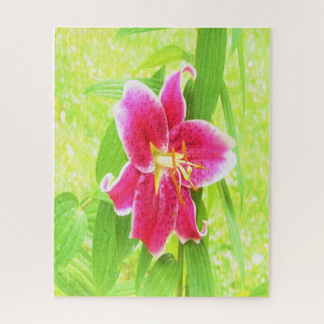 Quebra-cabeça Bonito Stargazer Rosa Profundo Lily no Verde limão (Vertical)