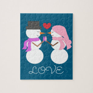 Quebra-cabeça Bonitos Snowpeople in Love- escuridão turquesa: