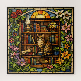 Quebra-cabeça Book and Cat Lovers Faux Stain Glass