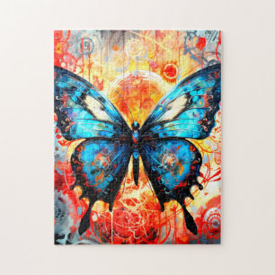 Quebra-cabeça Borboleta Azul Pintada com Fundo de Engrenagens.