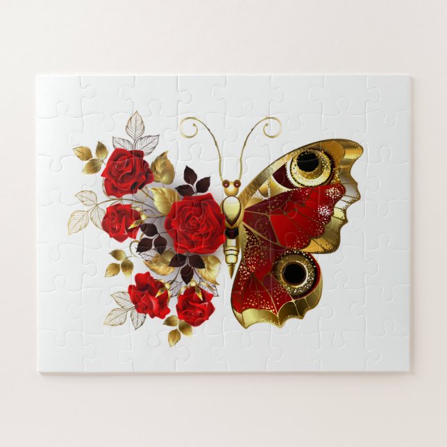 Quebra-cabeça Borboleta de flor vermelha com rosas vermelhas (Horizontal)