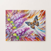 Borboleta de madeira com lilac em pintura a óleo