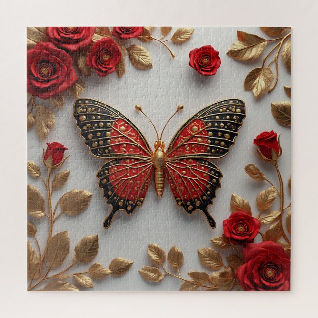 Quebra-cabeça Borboleta Dourada Com Rosas Vermelhas E Folhas Dou (Vertical)