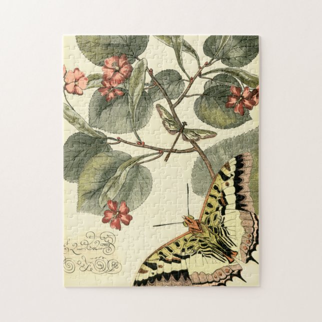 Quebra-cabeça Borboleta e Dragonfly com Flores Vermelhas (Vertical)