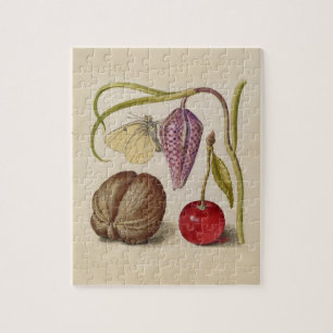 Quebra-cabeça Borboleta Flor de Noz Flor, Cereja, Aquarela