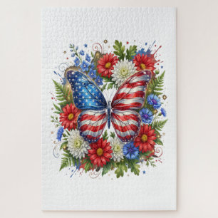 Quebra-cabeça Borboleta Floral Vermelha Branca Azul da Bandeira 