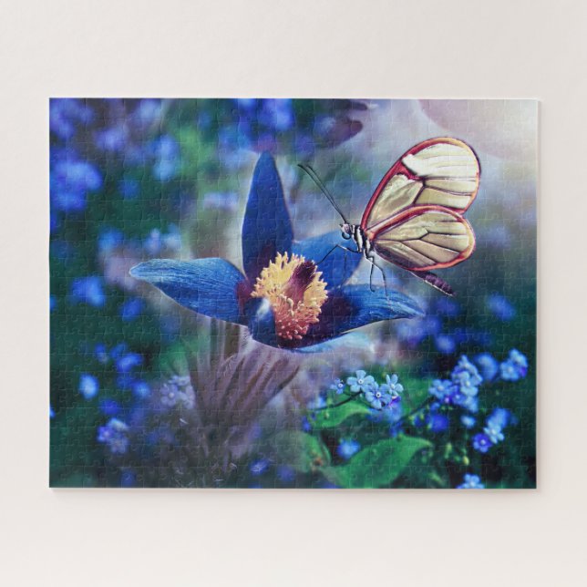 Quebra-cabeça Borboleta primavera na Flor Azul (Horizontal)