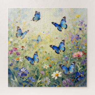 Quebra-cabeça Borboletas Azuis Aquarela Prado de Flores Silvestr